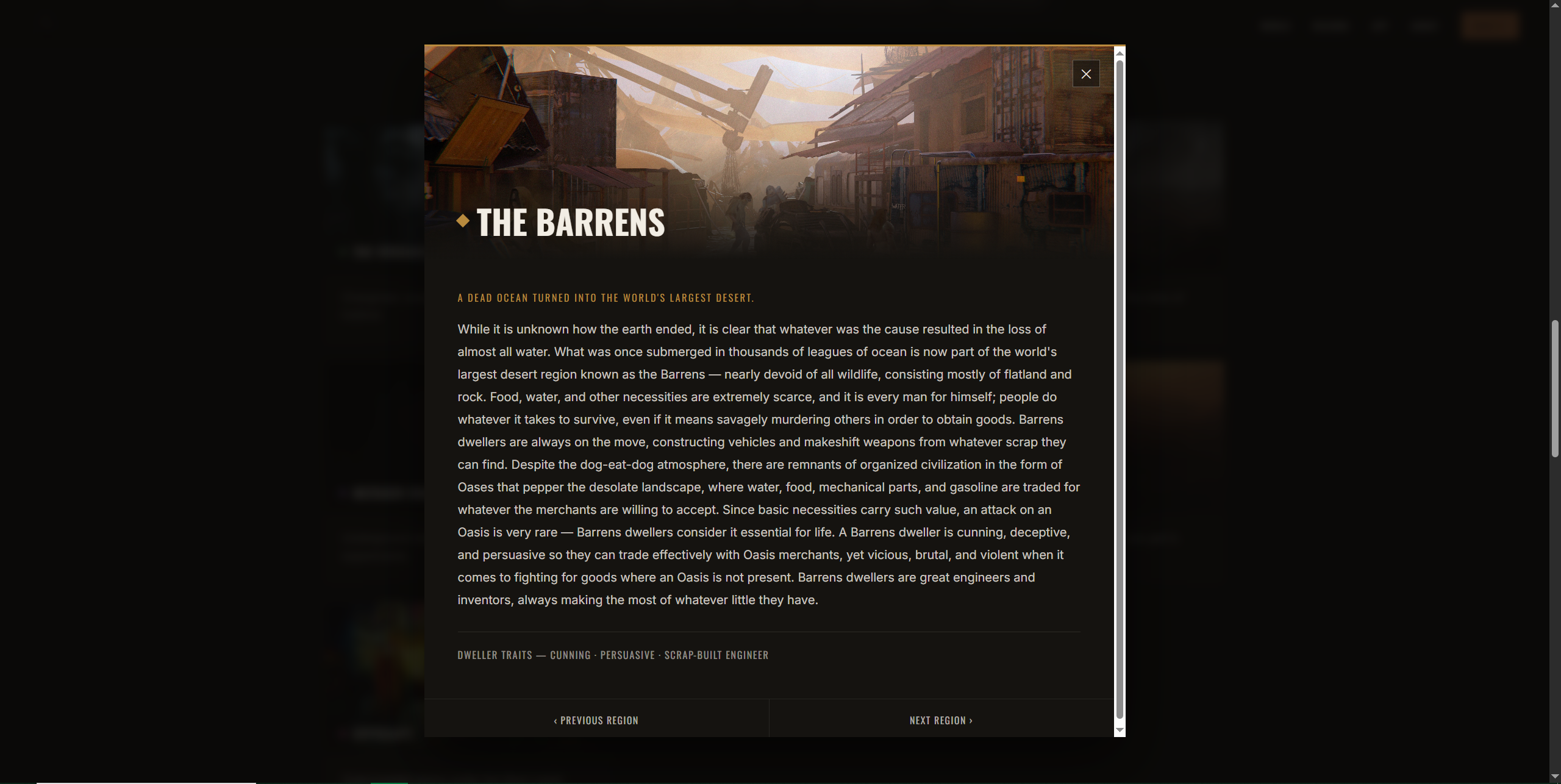 Region detail modal on the live site