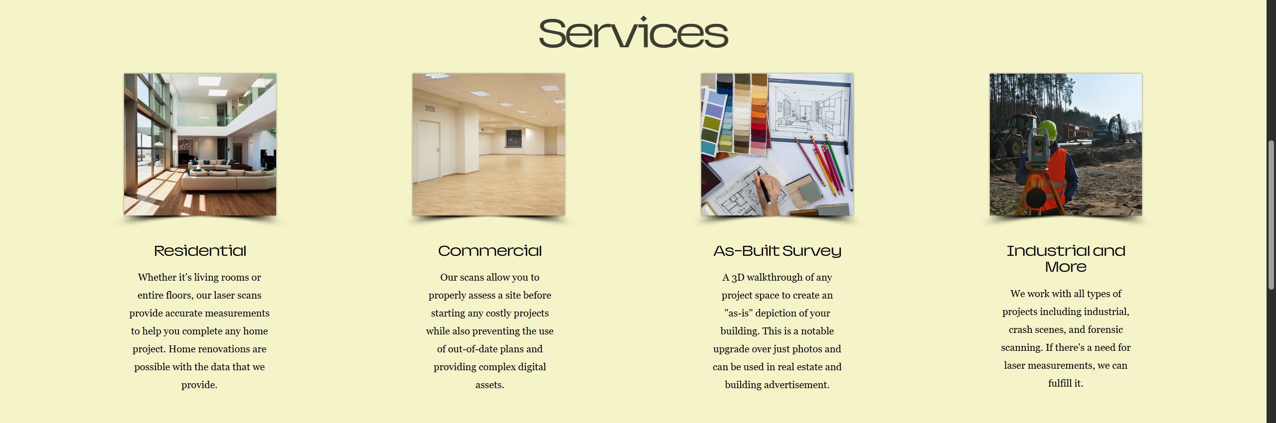 Services section: Residential, Commercial, As-Built Survey, Industrial and More