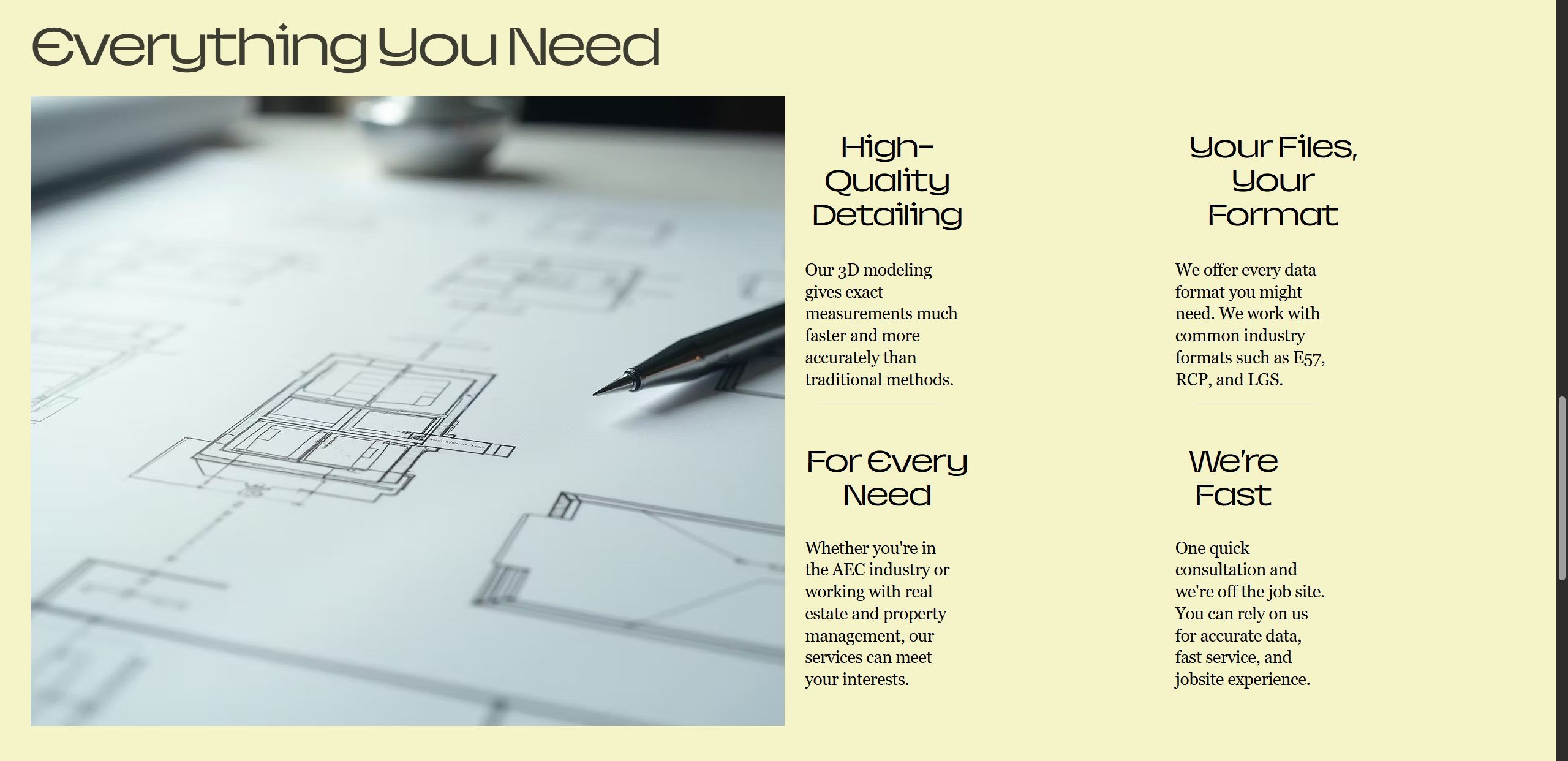 Everything You Need section detailing file formats, speed, and quality