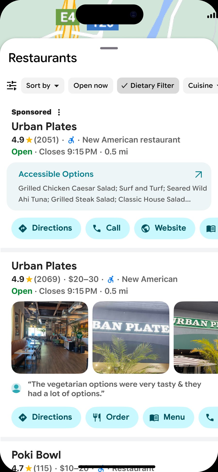 Restaurant list with Accessible Options box