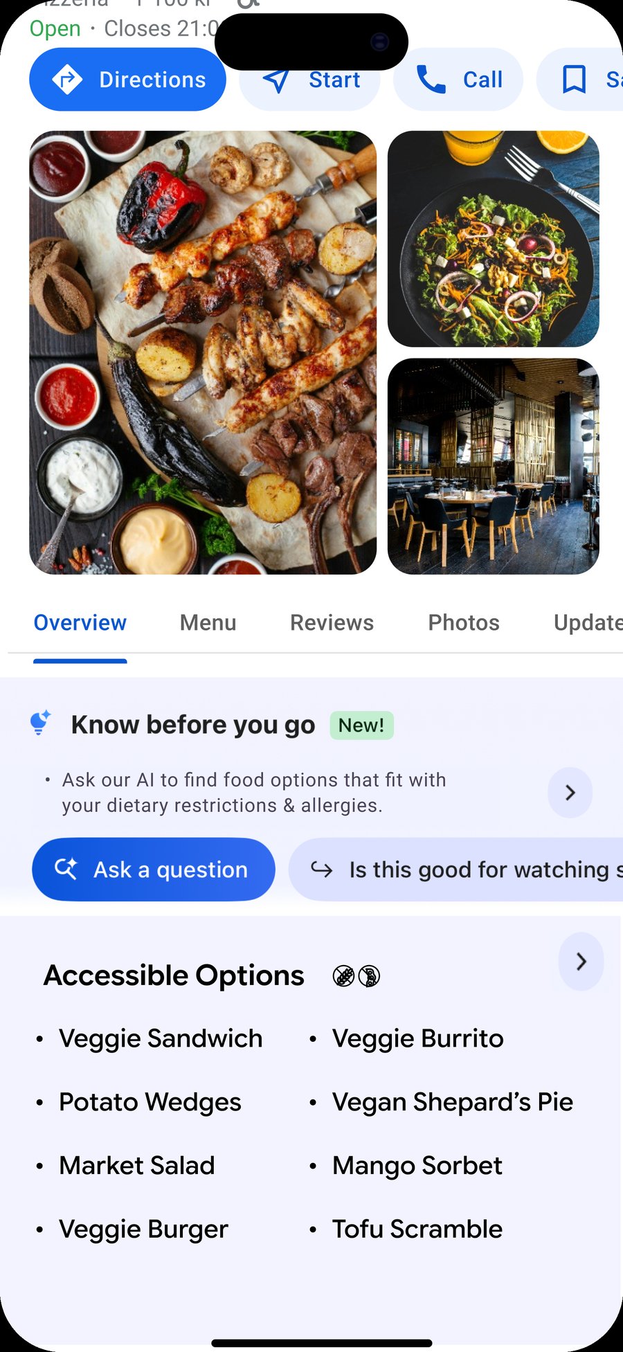 Restaurant detail page with expanded Accessible Options and AI assistant